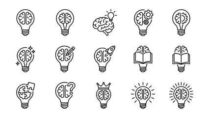 Lightbulb Brain Creative Icon Set. Innovation Idea Vector Pack. Knowledge Thinking Lamp Symbol.Brain with gear icon. Eps © Innovation Galary