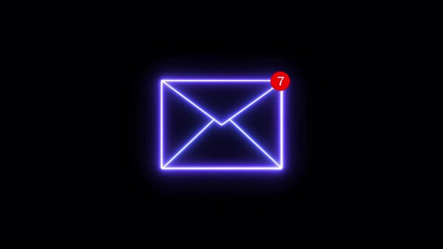 Glowing purple neon outline of a closed envelope centered on a solid black background for digital communication and messaging concepts