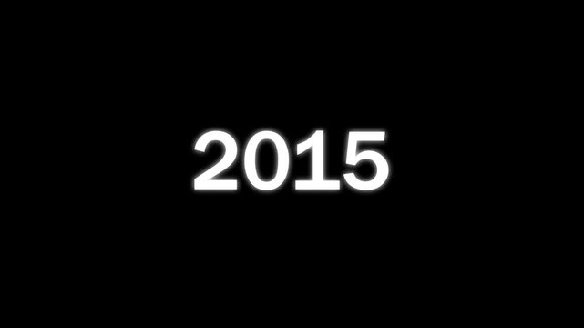 White glowing text of the year 2015 centered on a solid black background for historical timeline or annual report