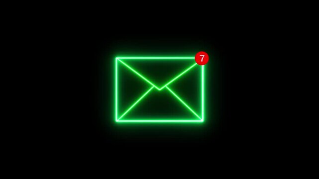 Glowing green neon outline of a closed envelope centered on a solid black background for digital communication and messaging concepts