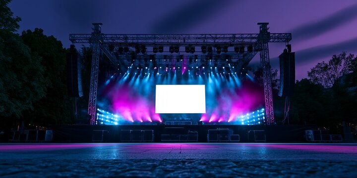Empty outdoor concert stage at night with a blank white mockup screen and vibrant colorful spotlight beams, representing live entertainment promotion and event advertisement presentation