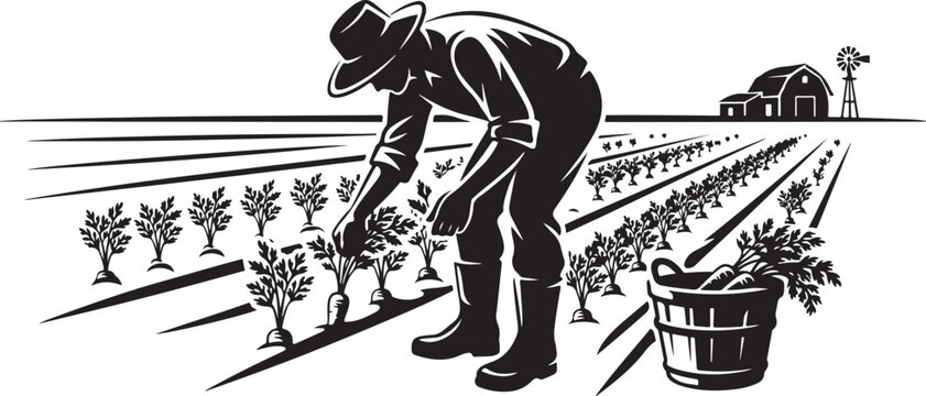 Black and white of a farmer planting in a field agriculture d