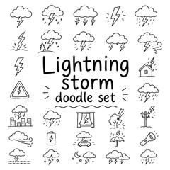 Fototapeta premium Lightning storm doodles set. Hand drawn vector doodle set on white background