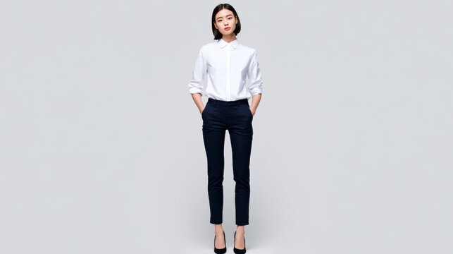 Model Posing in Office Attire: A young woman stands confidently, showcasing a smart casual look with a crisp white shirt and dark trousers, perfect for professional settings.
