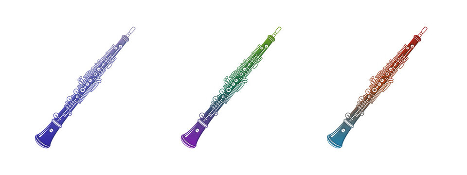 Three colorful oboe musical instruments in a row