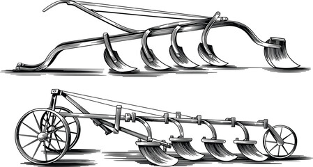 Vintage agricultural plow equipment illustration, historical farming machinery collection set, engraved rural cultivation vector artwork © LT studio