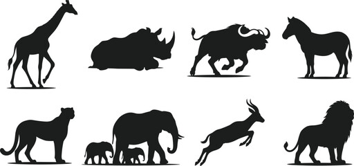 Wild animal silhouette collection illustration, African safari mammals and wildlife poses, nature graphics © LT studio