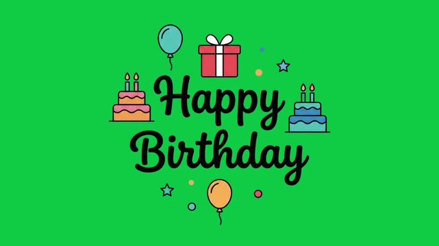 Happy Birthday Celebration Typography with Balloons and Cakes Suitable for Greeting Cards, Party Invitations, and Event Videos