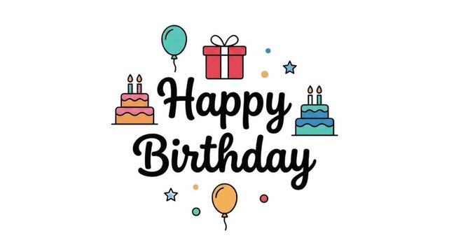 Happy Birthday Celebration Typography with Balloons and Cakes Suitable for Greeting Cards, Party Invitations, and Event Videos