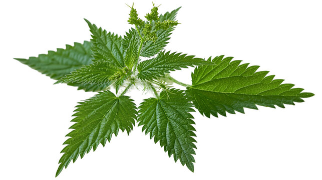 Green stinging nettle plant leaves with small flower buds