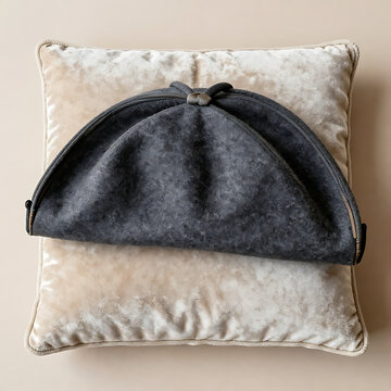 Top-down flat lay composition of a Napoleon era bicorne hat, perfect V-shape silhouette, textured wool felt surface, subtle wear and tear on the edges, placed on an antique velvet cushion, neutral bei