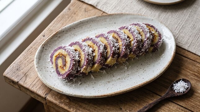 Slices of traditional Indonesian getuk gulung sweet cassava roll cake with a purple taro and yellow spiral pattern, topped with shredded coconut on a speckled oval plate.