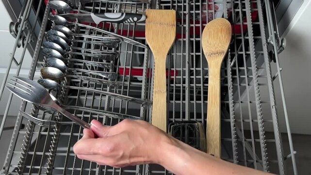 Hand inspecting clean silverware extracted from a dishwasher, focusing on domestic cleaning and hygiene