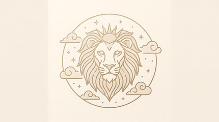 Obraz premium Elegant Minimalist Leo Zodiac Symbol Featuring A Regal Lion Portrait With Celestial Stars And Clouds In A Circular Frame Design