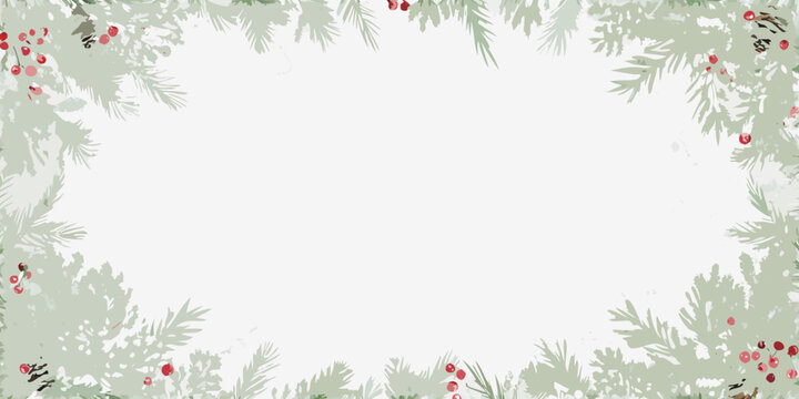 Watercolor Pine Branch And Berry Frame With White Space Festive Holiday Design