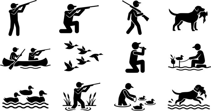 Duck hunting icon set. Sport shooting and wildlife bird hunting silhouettes in flat black style.