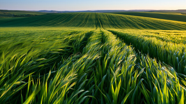 olling green barley field at golden hour with scenic countryside landscape