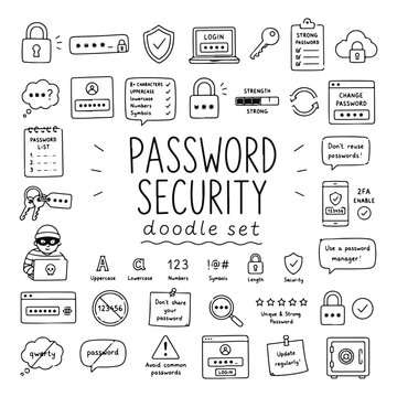 Password security doodles set. Hand drawn vector doodle set on white background