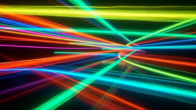 Abstract background with vibrant glowing neon light trails moving at high speed in dark space