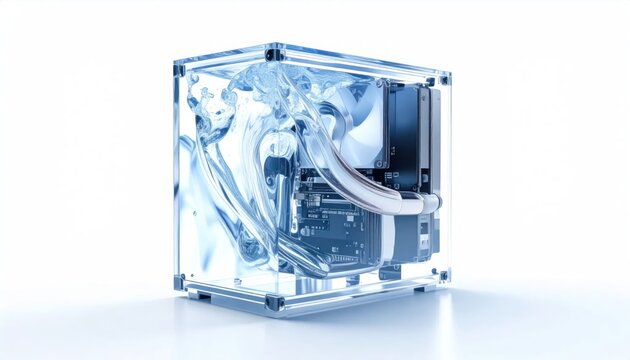 Liquid immersion cooled computer parts in clear cube case.