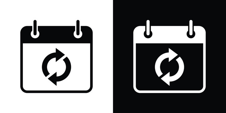 Calendar icon with circular arrows reload symbol vector. Recurring event, subscription renewal, update schedule, and routine concept on split background.