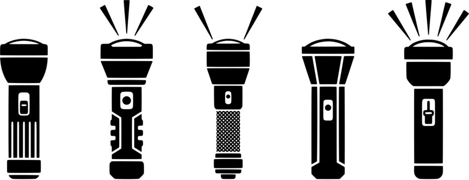 Flashlight icon set. Different portable electric torch symbols in flat black silhouette style. Editable vector illustration on white background.