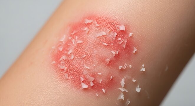 Close-up of a red, scaly rash on human skin, possibly ringworm.