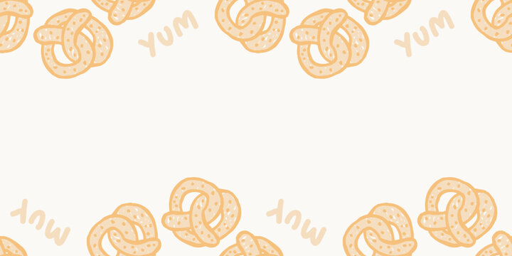 Horizontal seamless border background template with hand drawn cute pretzels and yum text
