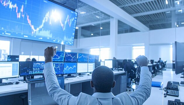 Concept of bullish stock market, traders office at work