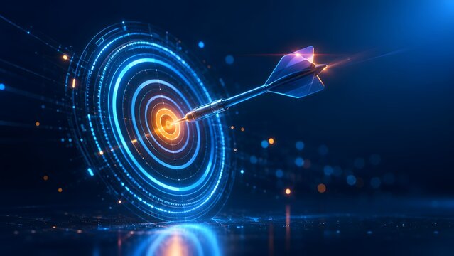 Business goal achievement concept with a metal dart hitting a glowing target center on a dark tech background with digital lines