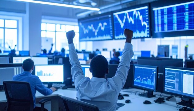 Concept of bullish stock market, traders office at work