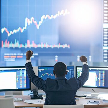 Concept of bullish stock market, traders office at work