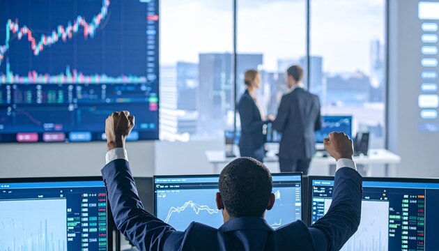 Concept of bullish stock market, traders office at work