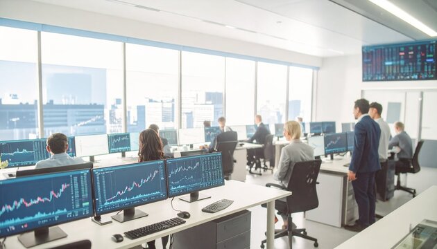 Concept of bullish stock market, traders office at work