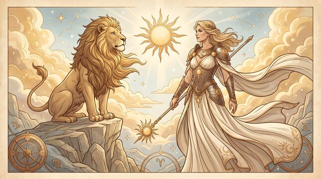 Majestic Lion and Celestial Warrior Goddess Illustrating the Astrology Symbol of Leo in a Golden Mythological Landscape Setting