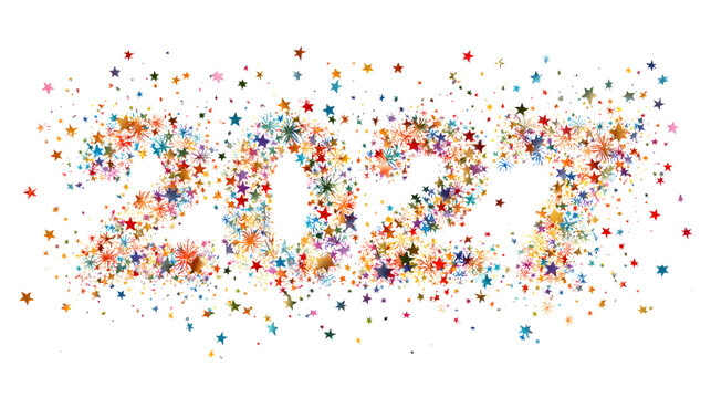 2027 Colorful Dotted Confetti New Year Typography Festive Celebration Art, on white background.
