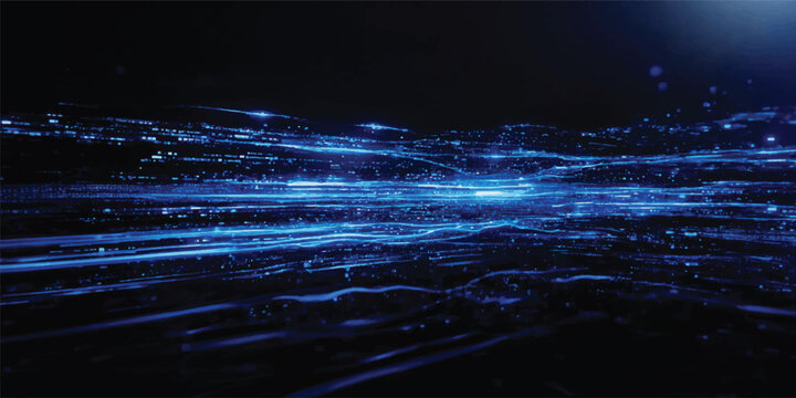 Abstract Blue Ocean Horizon with Binary Code Background and Digital Sky Light Waves at Night