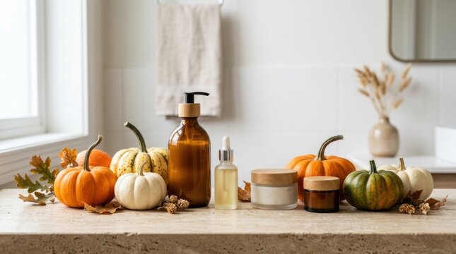 Autumnal Pumpkin Display with Decorative Items on Kitchen Counter.