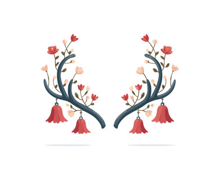 Elegant Reindeer Antlers with Flowers and Pink Bells Christmas Decoration, on white background.