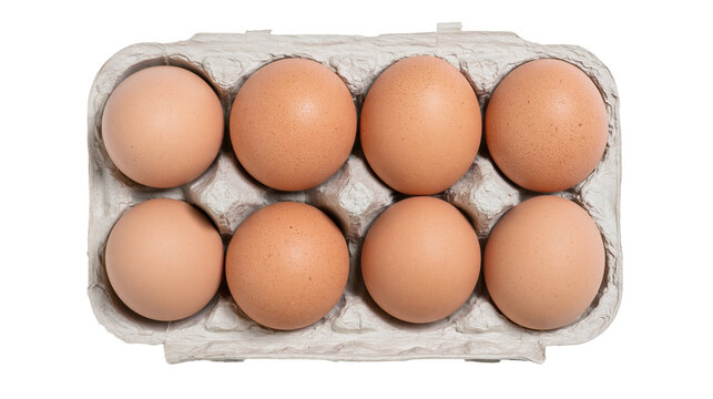 Eight brown chicken eggs in a gray cardboard carton