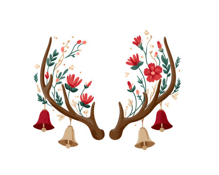 Rustic Christmas Deer Antlers with Berries and Bells Festive Holiday Art, on white background.