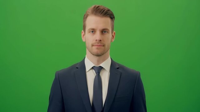 Businessman in suit standing with confident expression against green screen background