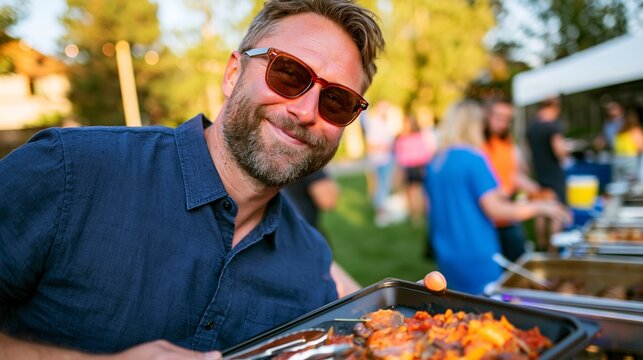Man at Outdoor Grill, Preparing Food