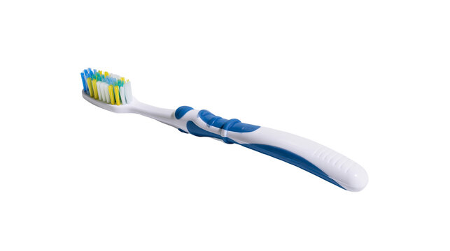 Blue and white toothbrush with colorful bristles