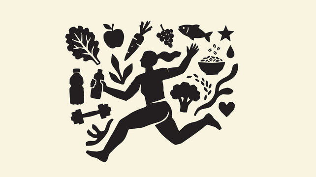 Healthy lifestyle woman running surrounded by fresh food and exercise equipment.