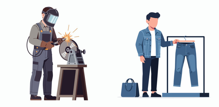 Welder crafting denim jeans for modern fashion industry