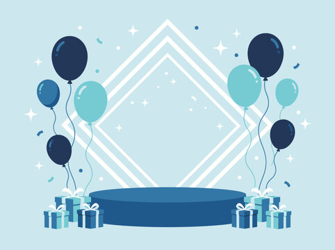 Birthday celebration scene with blue balloons and gifts on a stage