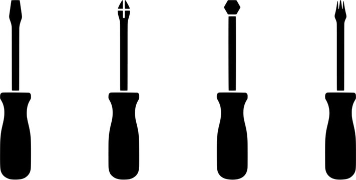 Screwdriver icon set. Different tip types in a black silhouette style. Editable vector illustration on white background.