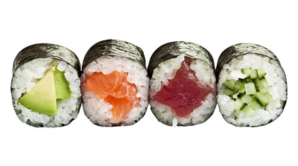 Four sushi rolls with avocado salmon tuna, and cucumber fillings © Pablo