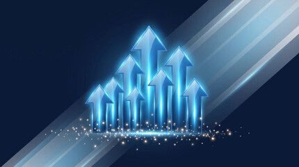 Naklejka premium A group of glowing blue upward arrows rise sharply on a dark background with sparkling particles and streaks of light.